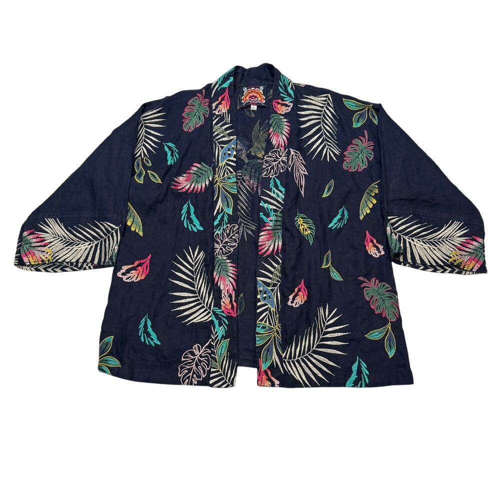 Johnny Was Kaluhi Linen Embroidered Kimono Jacket Cardigan Womens Small Tropical